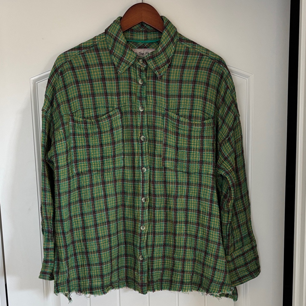 Free People We The‎ Free Cardiff Oversized Gauze Shirt Green Plaid Women’s XS - Picture 3 of 16